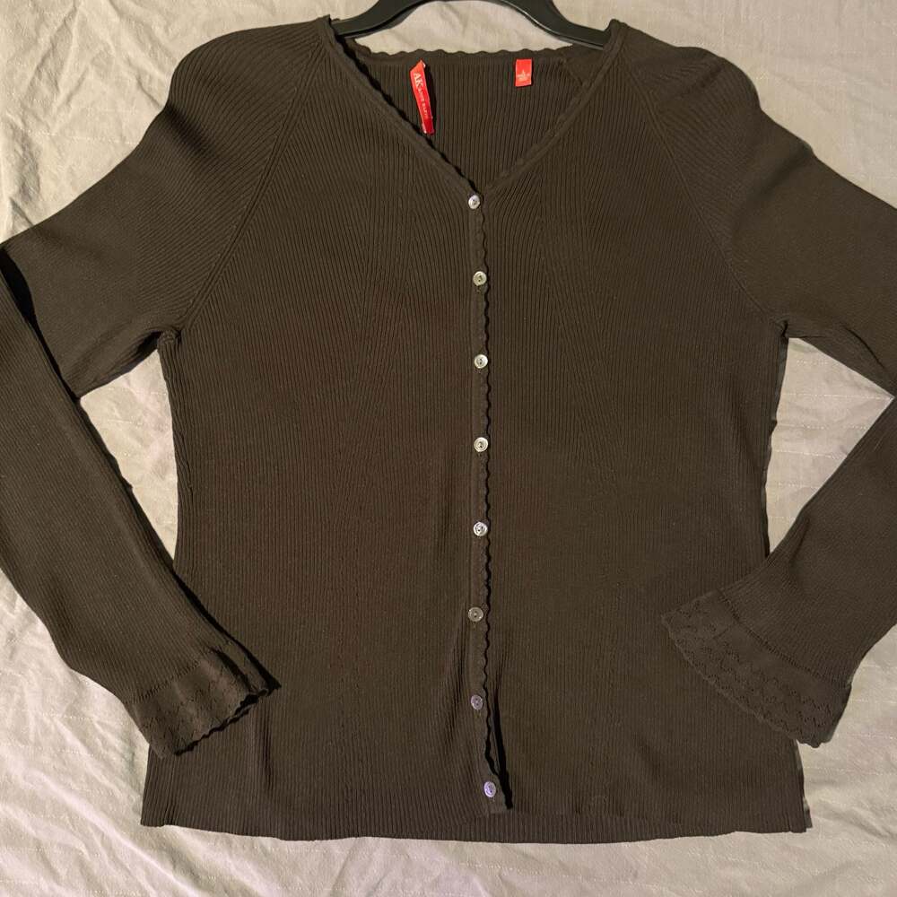 Anne Klein Ribbed Long Sleeve Cardigan with Scalloped Neck and Cuffs